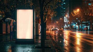Blank white street billboard vertical advertising stand in the street at night photo