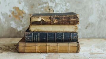 Pile of old books and documents in a minimal background photo