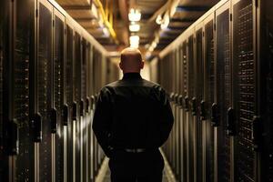 Back view of businessman in data center server room looking at big data, Working With Data Protection Engineering Network for Cyber Security in data center photo