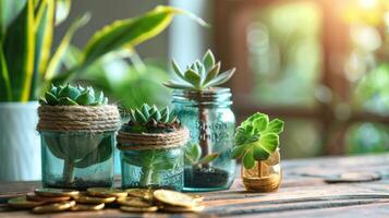 Tender plants in transparent glass pots on a wooden table photo