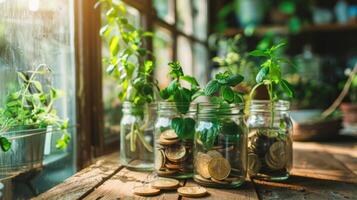 Gold coins in transparent jar with plants growing over, finance and investment concept photo