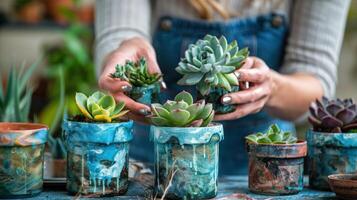 hembra jardinero macetas suculentas en pintado antiguo frascos en un de madera mesa adentro foto