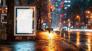 Blank white street billboard vertical advertising stand in the street at night photo