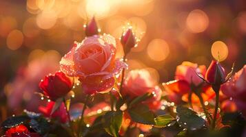 Close-up of dew-kissed roses at dawn, vibrant colors, shallow depth of field photo