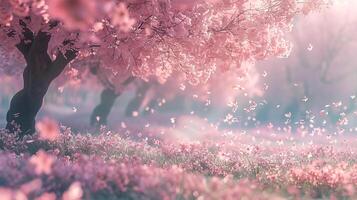 Field of cherry blossoms in full bloom, gentle breeze, wide shot, cinematic look photo