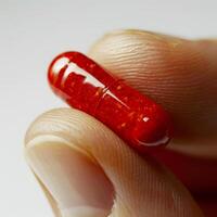 macro photo of finger holding red capsule