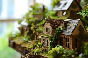 diorama of empty house full of green plants, selective focus photo