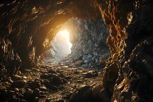 dark cave with exit illuminated by the morning sun photo