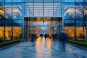 modern office complex with blur movement of workers photo