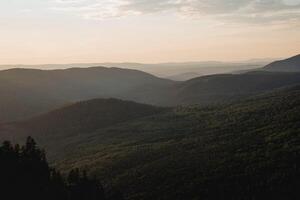 Landscape at dusk from a bird's eye view, photo from a drone, Russian taiga, foggy horizon, a lot of forest, coniferous trees.