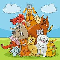 funny cartoon dogs and cats characters group vector