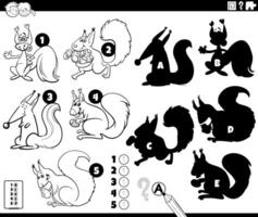 finding shadows game with cartoon squirrels coloring page vector