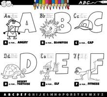 educational cartoon alphabet letters set from A to F color page vector