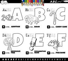 educational cartoon alphabet letters set from A to F color page vector