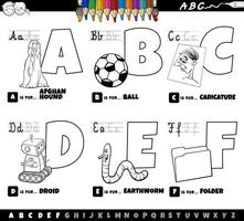 letras del alfabeto de dibujos animados educativos establecidos de la página a color de la a la f vector