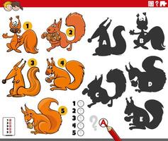 finding shadows game with cartoon squirrels characters vector