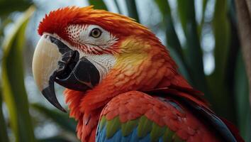 de cerca de un escarlata guacamayo desde lado ver escarlata guacamayo de cerca cabeza foto