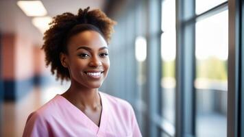 Black female doctor in soft pink scrubs, smiling looking in camera, Portrait of woman medic professional, hospital physician, confident practitioner or surgeon at work. blurred background photo