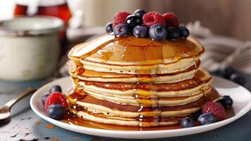 Delicious stack of pancakes topped with syrup and fresh raspberries, blueberries, served on white plate rustic wooden table. Image of delicious breakfast for menus or culinary designs photo