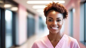 Young black female doctor in soft pink scrubs, smiling looking in camera, Portrait of medic professional, hospital physician, confident practitioner or surgeon at work. blurred background photo