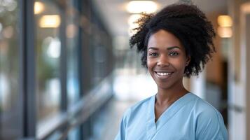 joven negro médico en azul matorrales, sonriente mirando en cámara, retrato de mujer médico profesional, hospital médico, confidente facultativo o cirujano a trabajar. borroso antecedentes foto