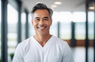 Middle aged doctor in scrubs smiling looking in camera, Portrait of man medic professional, hospital physician, confident practitioner or surgeon at work. large windows blurred background photo