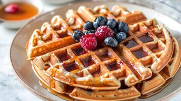 gofres rociado con jarabe y adornado con Fresco frambuesas, arándanos en blanco plato en mármol mesa. tentador desayuno o postre opción, promoviendo culinario delicias, desayuno tardío menús foto