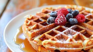 Waffles drizzled with syrup and adorned with fresh raspberries, blueberries on white plate on wooden table. Tempting breakfast or dessert option, promoting culinary delights, brunch menus photo