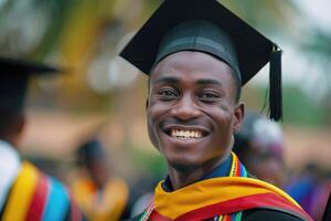 de cerca Disparo de graduado vistiendo birrete en su cabeza, revelar radiante negro joven hombre rostro, su sonrisa radiante con orgullo y felicidad como hombre saborear momento de su logros foto