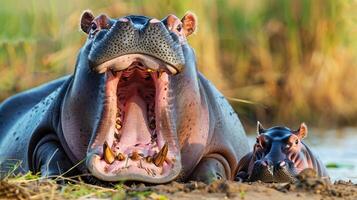 hipopótamo madre y su bebé relajante en tranquilo aguas encantador escena en sub saharaui África, esencia de fauna silvestre turismo naturaleza conservación, ideal para viaje promociones, fauna silvestre Excursiones foto