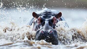 hipopótamo en medio de salpicaduras en el aguas de sub saharaui África, cautivador escena de salvaje belleza. ideal para fauna silvestre entusiastas, ecoturismo promociones, naturaleza conservación campañas foto