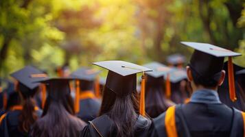 trasero ver de graduación birretes durante ceremonia comienzo éxito graduados de universidad. concepto educación felicitaciones suave difundido luz de sol se baña escena en calentar resplandor foto