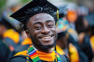 de cerca Disparo de graduado vistiendo birrete en su cabeza, revelar radiante negro joven hombre rostro, su sonrisa radiante con orgullo y felicidad como hombre saborear momento de su logros foto