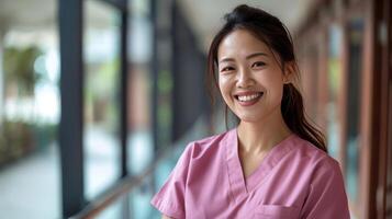 asiático hembra médico en suave rosado matorrales, sonriente mirando en cámara. médico profesional, hospital médico, confidente facultativo o cirujano a trabajar. grande ventanas borroso antecedentes foto