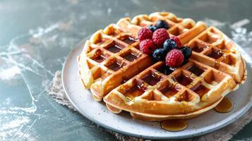 Waffles with syrup and variety of fresh berries raspberries, blueberries on white plate on marble table. Tempting breakfast or dessert option, promoting culinary delights, brunch menus photo