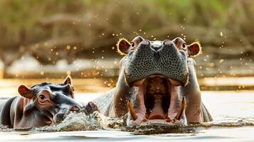 image capturing bond between Hippo mother and her calf. beauty of wildlife underscores significance of conservation. promoting wildlife tours, safari adventures, environmental initiatives photo