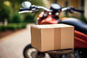 close-up view of cardboard box placed on seat of orange motorcycle. package ready for delivery by motorcycle, highlighting convenience and speed of such delivery methods photo