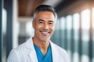 Middle aged doctor in white scrubs, smiling looking in camera, Portrait of medic professional, hospital physician, confident practitioner or surgeon. large windows blurred background photo