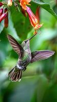 A stunning hummingbird poised by a colorful flower on a blurred backdrop, representing intelligence, beauty, devotion, and love. picturesque moment in nature's embrace photo