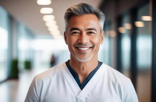 Middle aged doctor in white scrubs, smiling looking in camera, Portrait of medic professional, hospital physician, confident practitioner or surgeon. large windows blurred background photo