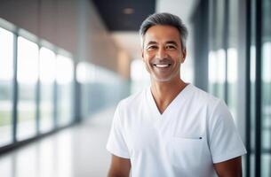 doctor in white scrubs, smiling looking in camera, Portrait of man medic professional, hospital physician, confident practitioner or surgeon at work. large windows blurred background photo