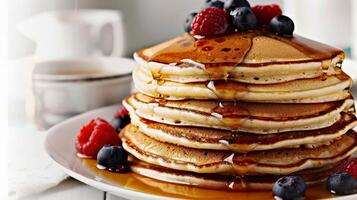 Delicious stack of pancakes topped with syrup and fresh raspberries, blueberries, served on a white plate against a clean white table, perfect for a breakfast concept photo