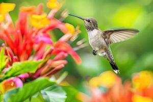 Witness the elegance of a hovering hummingbird amidst a colorful flower, set against a softly blurred backdrop. Nature's beauty in motion photo