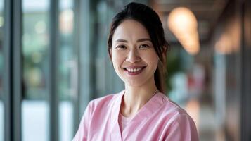 asiático hembra médico en suave rosado matorrales, sonriente mirando en cámara. médico profesional, hospital médico, confidente facultativo o cirujano a trabajar. grande ventanas borroso antecedentes foto