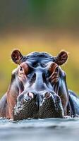 Intimate closeup portrait of Hippo captured in its natural habitat in sub Saharan Africa, as it looks into the camera. Highlights the beauty of wildlife and promotes tourism in the region photo