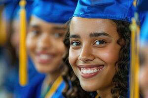 de cerca Disparo de graduado vistiendo birrete en su cabeza, revelar radiante muchachas rostro, su sonrisa radiante con orgullo y felicidad como joven dama saborear momento de su logros foto