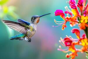 un fascinante escena de un flotando colibrí sorbos néctar desde un vibrante flor en contra un suave, borroso fondo. de la naturaleza paleta en movimiento foto