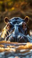 de cerca retrato de majestuoso hipopótamo mirando a cámara mientras sentado en el aguas de subsahariano África a dorado horas. capturas el esencia de fauna silvestre y promueve turismo en el región foto