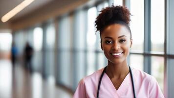 Young black female doctor in soft pink scrubs, smiling looking in camera, Portrait of medic professional, hospital physician, confident practitioner or surgeon at work. blurred background photo