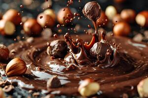 Splash of melted chocolate with hazelnuts. Generated by artificial intelligence photo